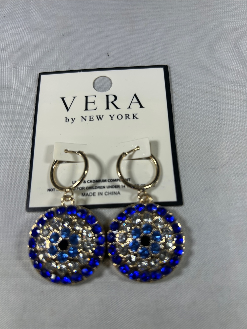 Gold Hoop Earrings with Royal Blue Crystal Medallions